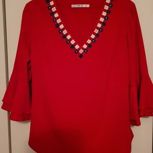 Peter Nygard Red Ruffled Bell Sleeve Blouse